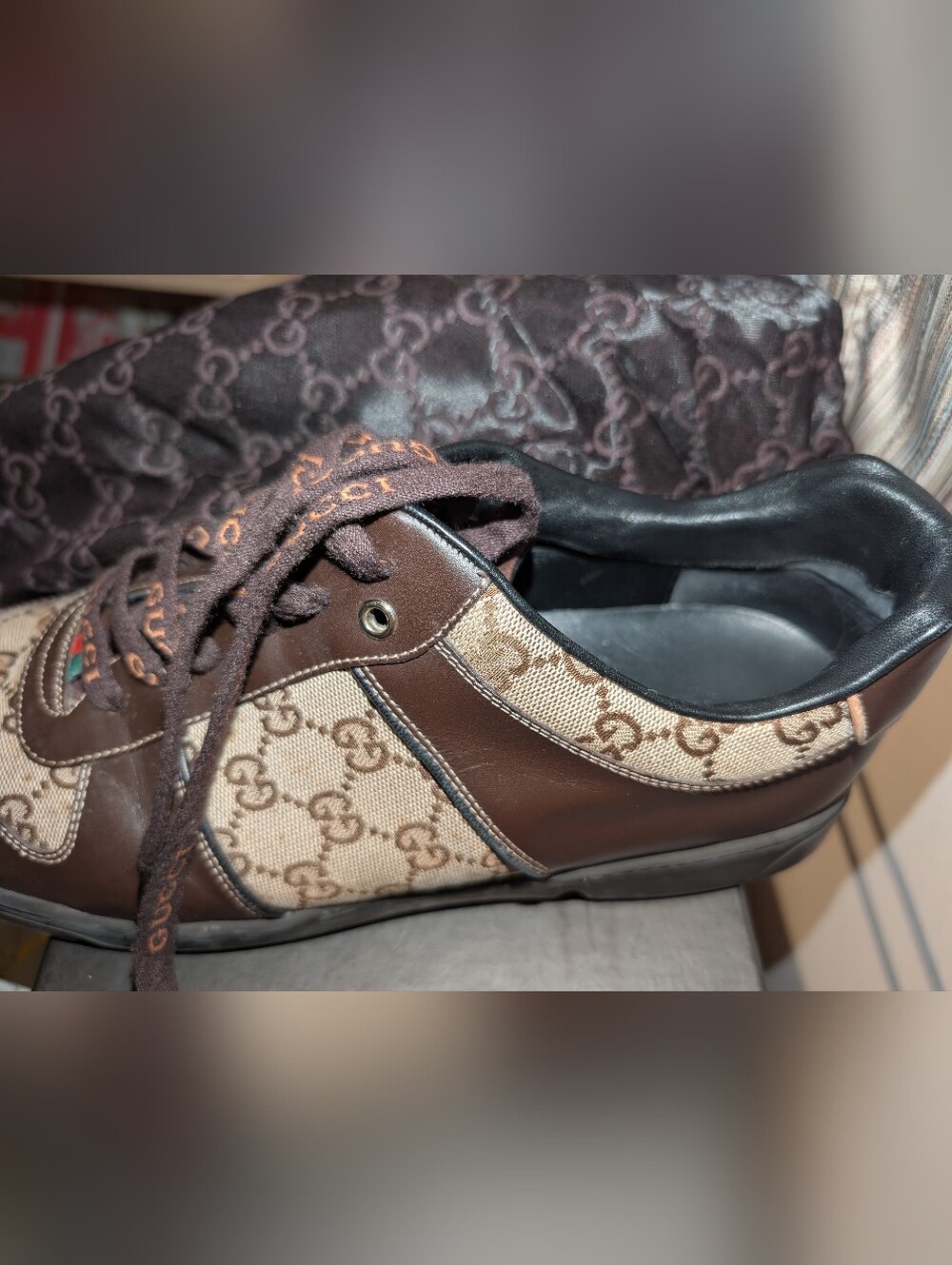 Gucci Men’s Brown GG Canvas & Dark Brown Leather Sneakers with Green-Red Web - Picture 3 of 16